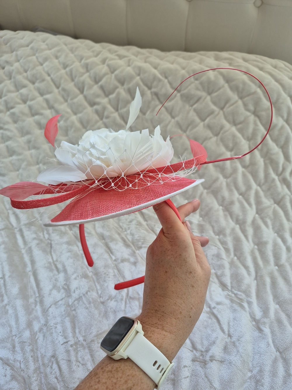 Coral and White Floral Fascinator Headband